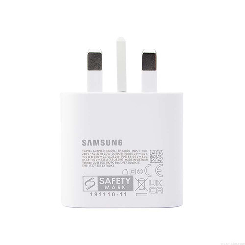 شارژر اورجینال 25 وات سامسونگ( Samsung ) اورجینال صد در صد ( 3 پین ) رنگ سفید